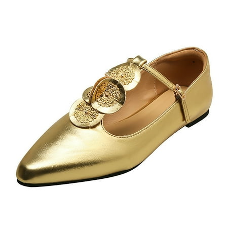 QYZEU Work Sneakers for Women Shoes for Women Casual Fall French Vintage Pointed Low Heel Flat Shoes for Women 2024 New Line Belt Fashion Single Shoes Lady Gold 37