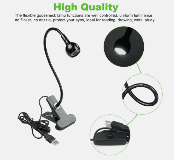 USB Reading Night Light Flexible LED Book Lamp, Clip-On Light for Laptop, Bed, Desk & Study