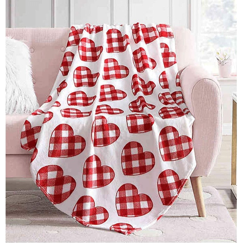ENVOGUE Hearts Super Soft Cozy Plush Throw Blanket (Plaid Red Hearts