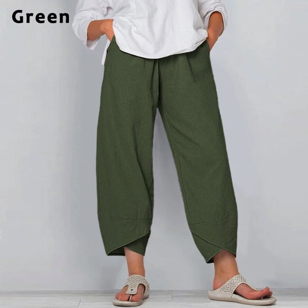 Pantalones harén para mujer, pantalones de pierna ancha de cintura elástica de lino y algodón Vintage, pantalones recortados holgados con bolsillos sólidos informales para mujer, S-5XL Tan Jianjun unisex