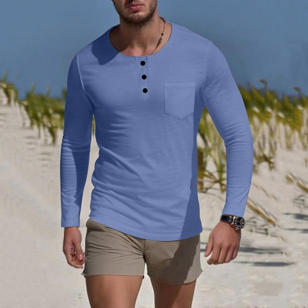 pstuiky Camisas casuales de manga larga para hombre, Camisa de capa base de ejercicio de manga larga para hombre, informal, con cuello redondo, bolsillos y botones, de colores sólidos m