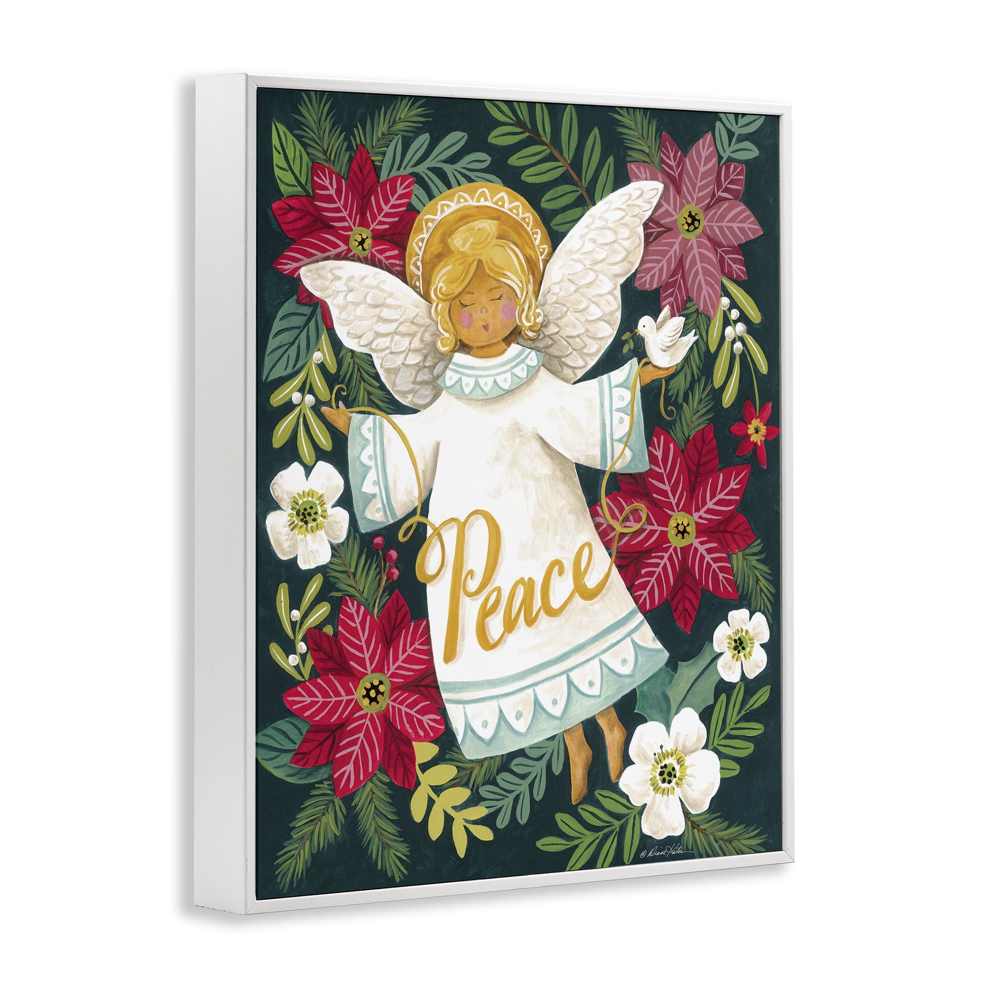 Angel with Peace & Botanicals White Framed Giclee Art, design by Diane Kater