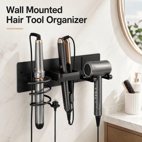 MORAVE Matte Black Wall Mount Blow Dryer Organizer, 3-in-1 Universal Storage for Hair Dryer Curling Iron Flat Iron, Bathroom Wall Tool Storage Rack