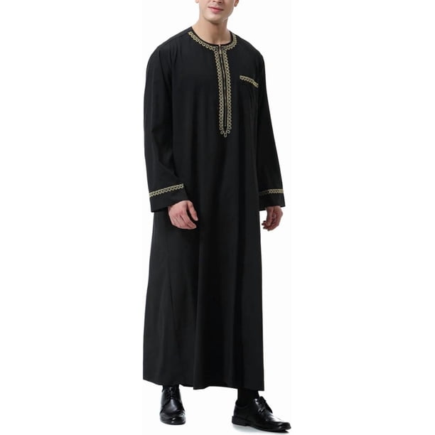 Kaftan musulmán con estampado para hombre, estilo realeza islámica de Dubái, túnica retro de cuello redondo y mangas largas, abaya holgada, kandoura