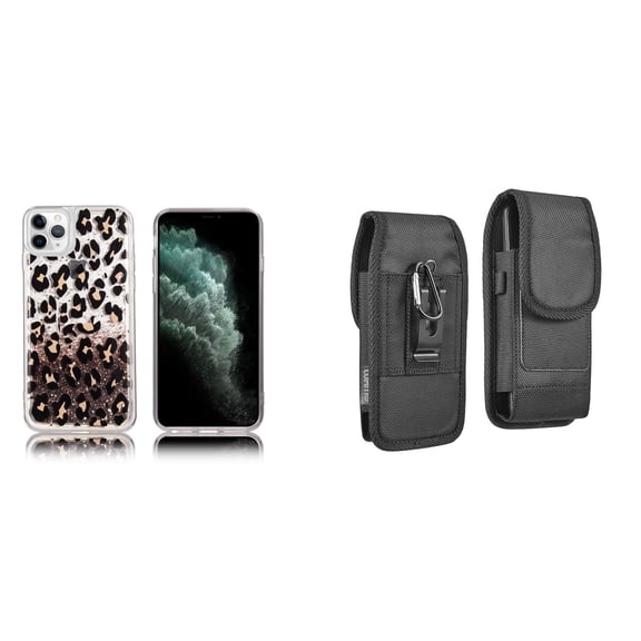 Liquid Glitter Case for iPhone 14 Pro and Belt Holster Pouch - Leopard