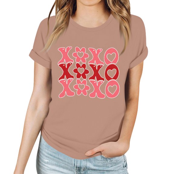 Garbnen Valentine Tops for Women Crew Neck Love Heart Print Womens Short Sleeve Shirts Spring Summer Women's T-Shirts