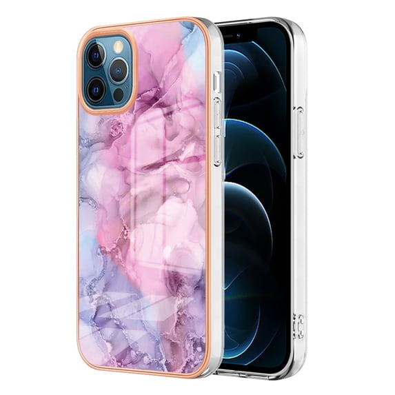 ELEHOLD for iPhone 12 Pro Max 6.7 inch Marble Case, Clear Electroplated Frame Soft TPU Anti-Scratch Wear-Resistant Wireless Charging Slim Fit Transparent Case for iPhone 12 Pro Max, Pink