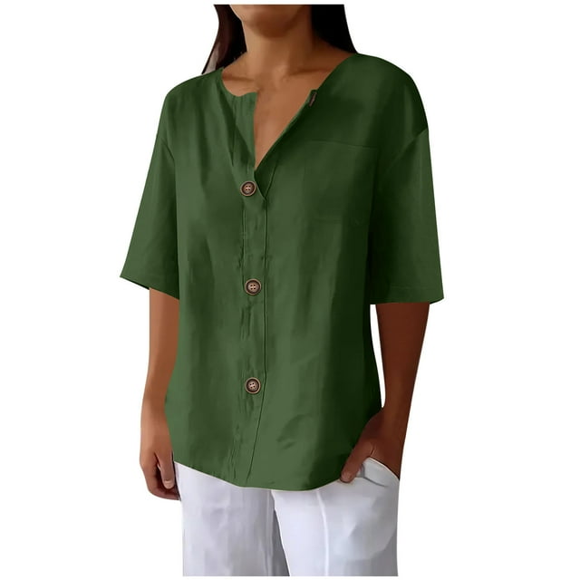 Yanlir Chemise à Col pour Femme en Coton et Lin avec Boutons et Poche, Manches Longues, Haut Décontracté, Tenue d'Intérieur, T-Shirt Confortable (Vert Armée, P)