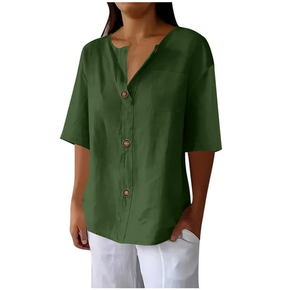 Wyobmus Womens Linen Button Down Shirt Half Sleeve Crew Neck T Shirt Lightweight Solid Cotton Collared Blouses With Pocket S-2X Olive Green