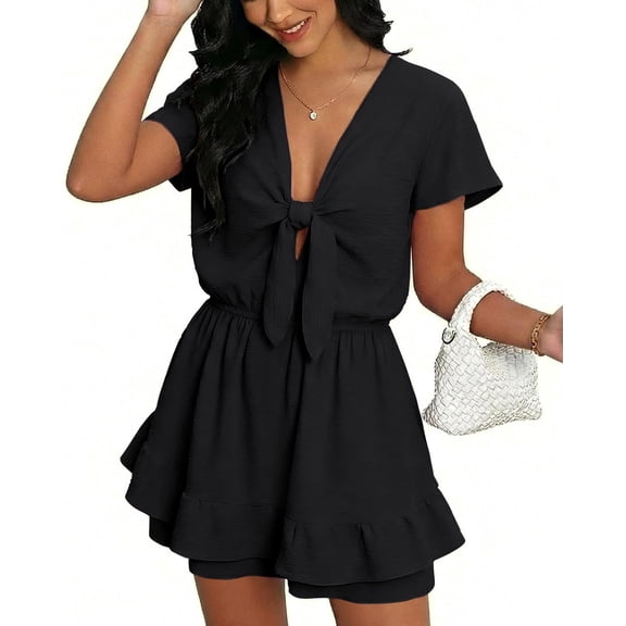 NAYTOAO Women's Summer V Neck Bow Knot Skort Romper with Pockets