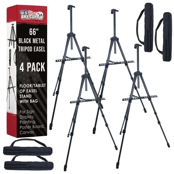 U.S. Art Supply - Pack of 4 - 66 Inch Sturdy Black Aluminum Tripod Artist Field and Display Easel Stand - Adjustable Height 20" to 5.5 Feet, Holds 32" Canvas