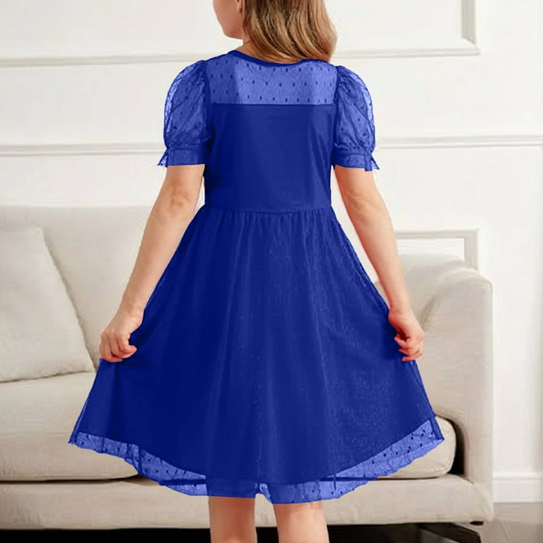 Inglocry Girls Dress Contrast Mesh Puffy Short Sleeve A Line Solid Color  Casual Party Dress 3-12 Years Blue 7-8Y - Walmart.com