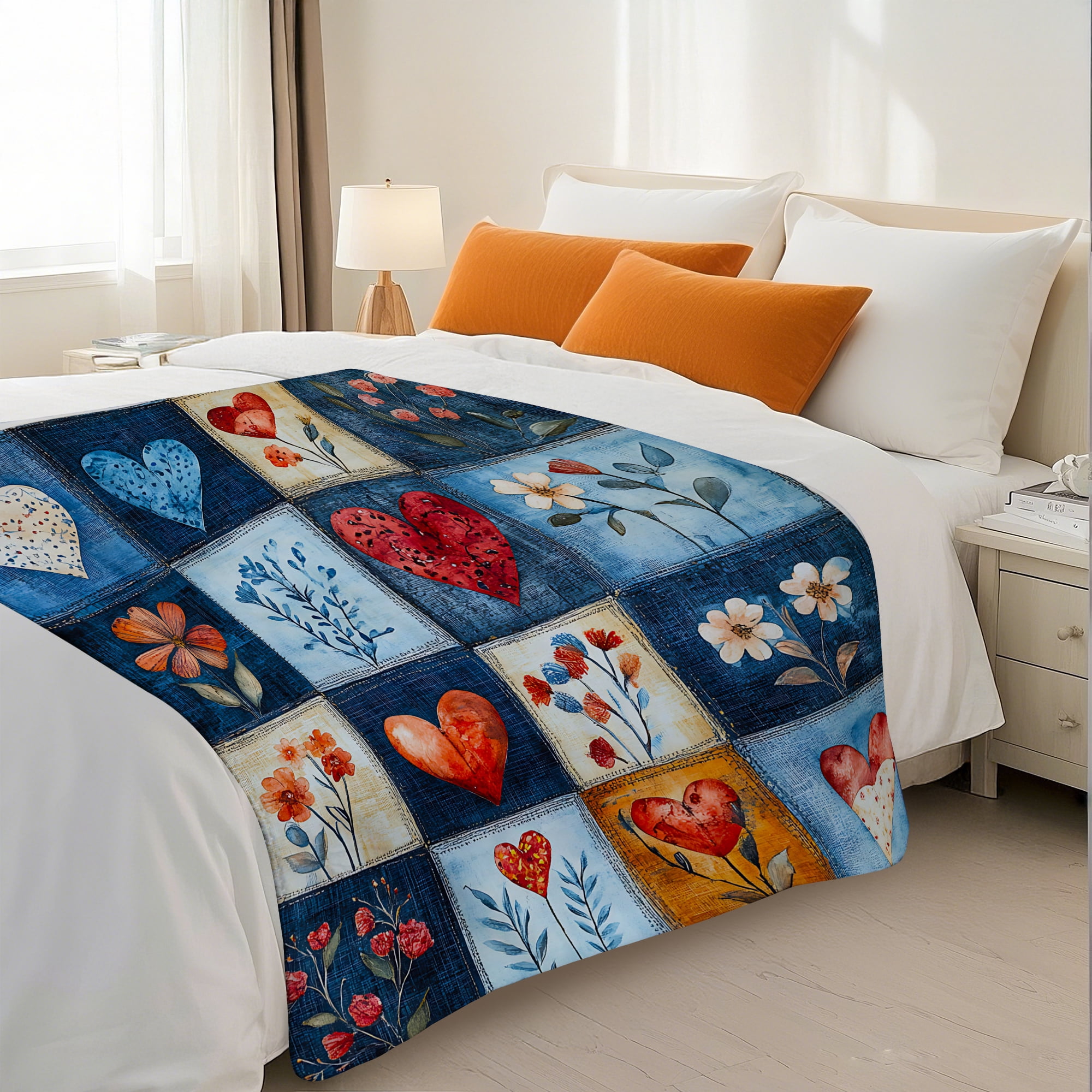 Sherpa Fleece Twin Blanket 60"x80" Reversible Plush Fluffy Blanket, Double-Layer Super Soft Flannel Blanket for Sofa, Couch, Bed, Patchwork Floral & Heart Pattern