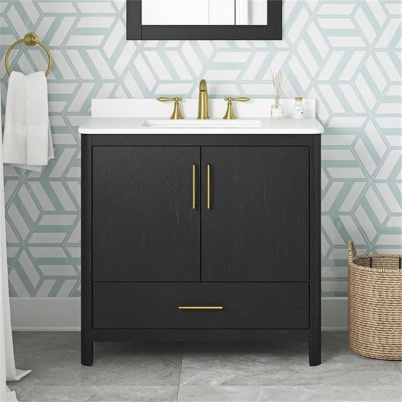 Pemberly Row 36" Bathroom Vanity in Black with Engineered Marble Countertop