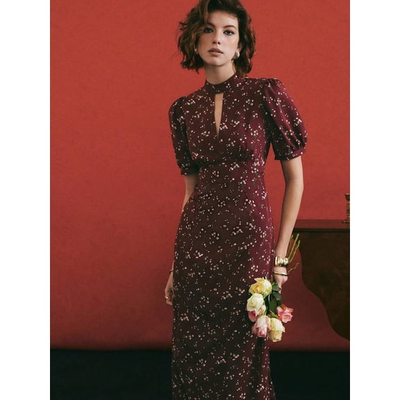 Elegant Burgundy Ditsy Floral Keyhole Neck Puff Sleeve Maxi Dress