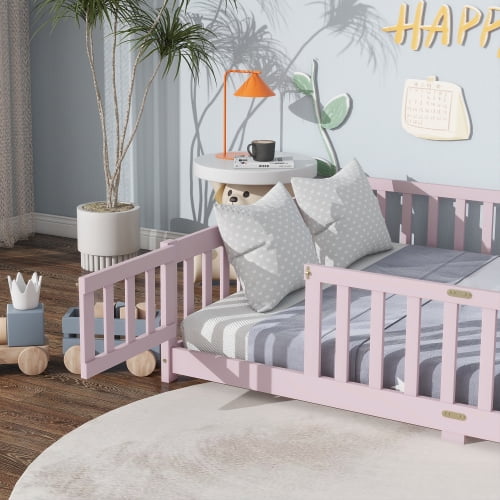 Bellemave Full Size Floor Bed with Door and Fence Floor Bed with Bed Slats Sturdy Wood Floor Bed Montessori Bed Frame (Full, Pink)