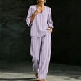 thumbnail image 6 of Women Striped Casual Two Piece Outfit, V-Neck Three Quarter Sleeve Top And Wide Leg Pants, Soft Loose Fashion Co-Ord Set For Everyday Leisure Wear Purple XXL, 6 of 7