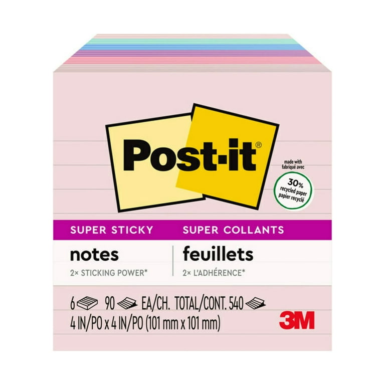  Post-it Super Sticky Notes, 4x6 in, 4 Pads, 2x the