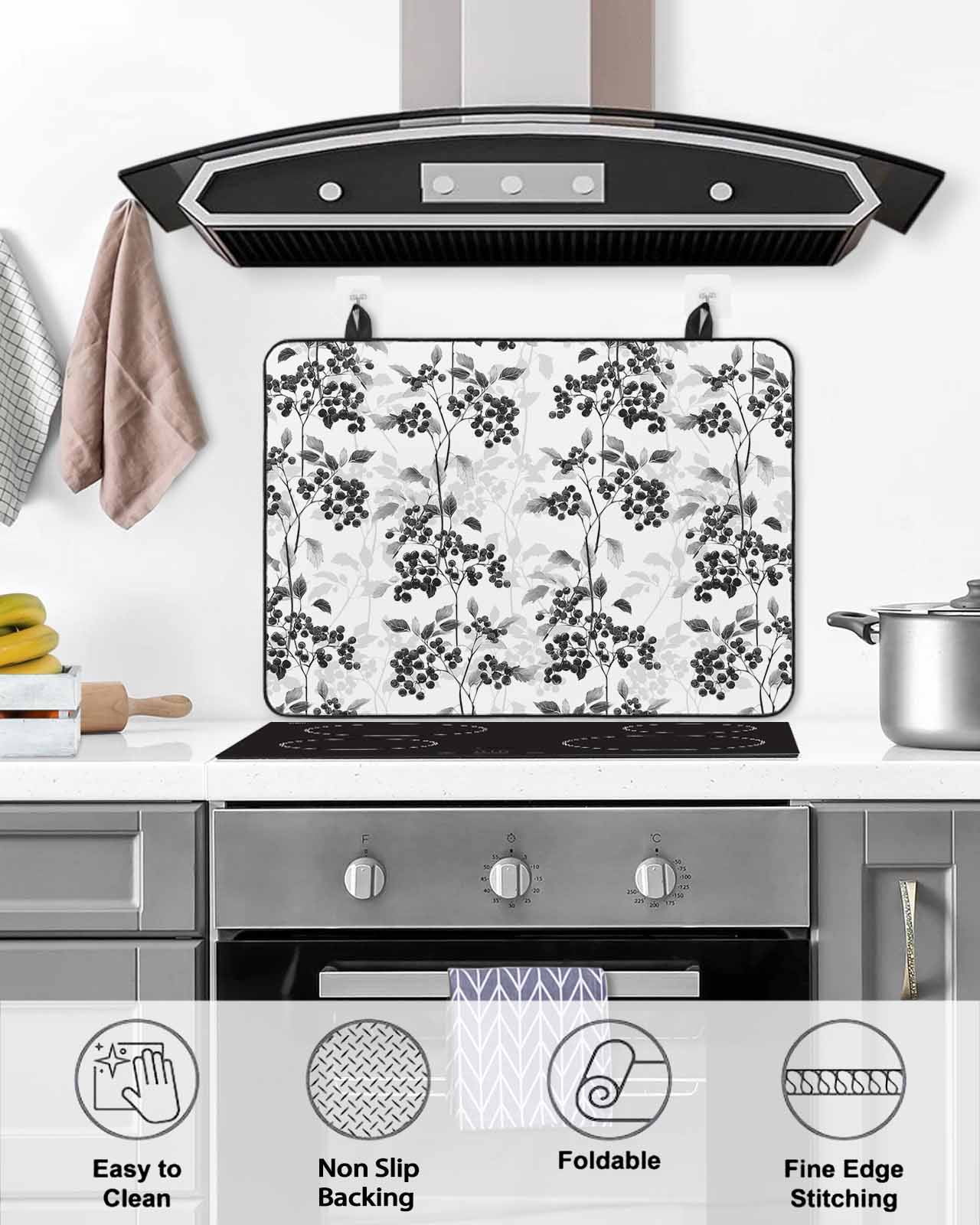 nqOlkjepod Large Induction Cooktop Protector Mat 36"x21", Black Gray Botanical Stove Top Covers for Electric Stove, Vintage Nature Flower Decorative Stove Burner Cover Mats, Glass Top Stove Cover