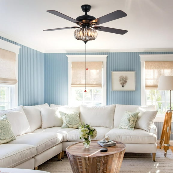 GMizon 52 Inch Modern Pull Cord Fan Pendant Light, 5 Blade Living Room Fan Light, 3 Light Dining Room Bedroom Lighting Fixture (Black)