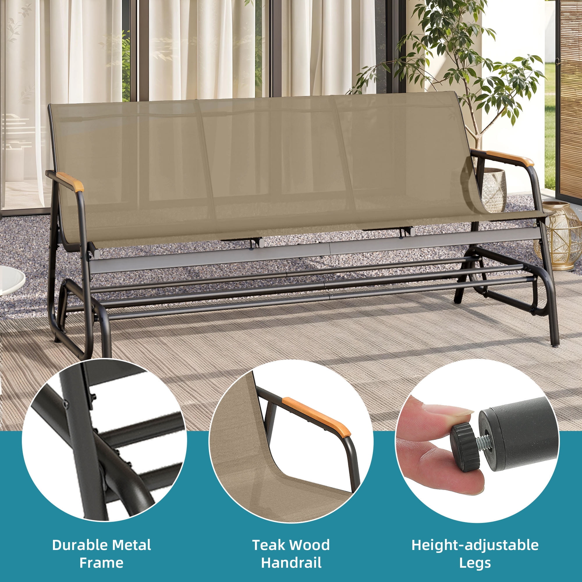 Uforic 3-Seat Patio Glider Bench, Outdoor Porch Swing with Breathable Textilene Mesh Fabric, Brown