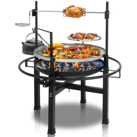 Hassch Round Iron Spray Grill Barbecue Grill Charcoal Grill Outdoor Grill Rotisserie Grill Grilling Grate Portable Outdoor Grill 33"L x 33"W x 43"H, Black