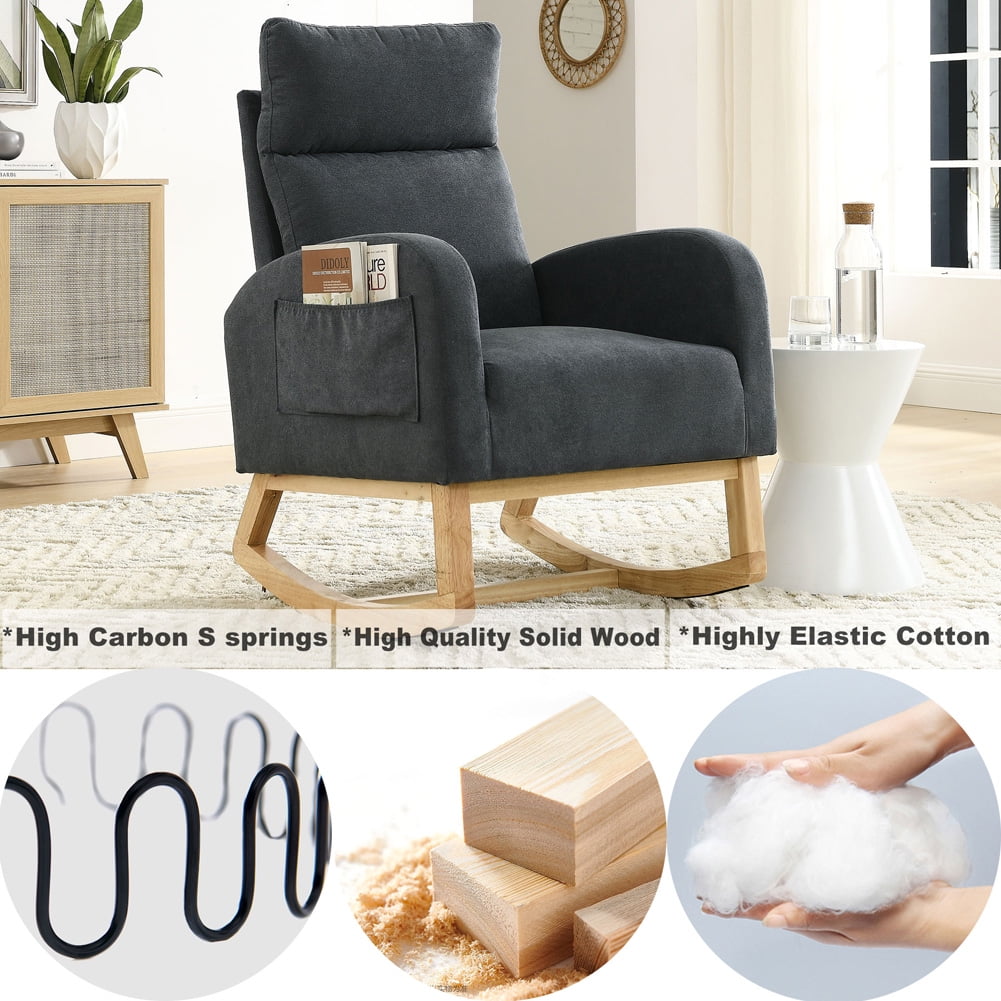 Rugerasy 27.6"W Accent Rocking Chair, Modern Upholstered Rocker Armchair For Nursery, Lounge Chair With 2 Side Pocket, High Backrest, Armrests For Living Room Bedroom
