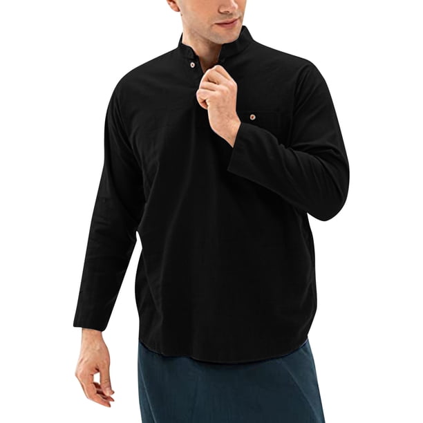 Mens Polo Shirts Solid Color Pocket Buttoned Slub Cotton Long Sleeve