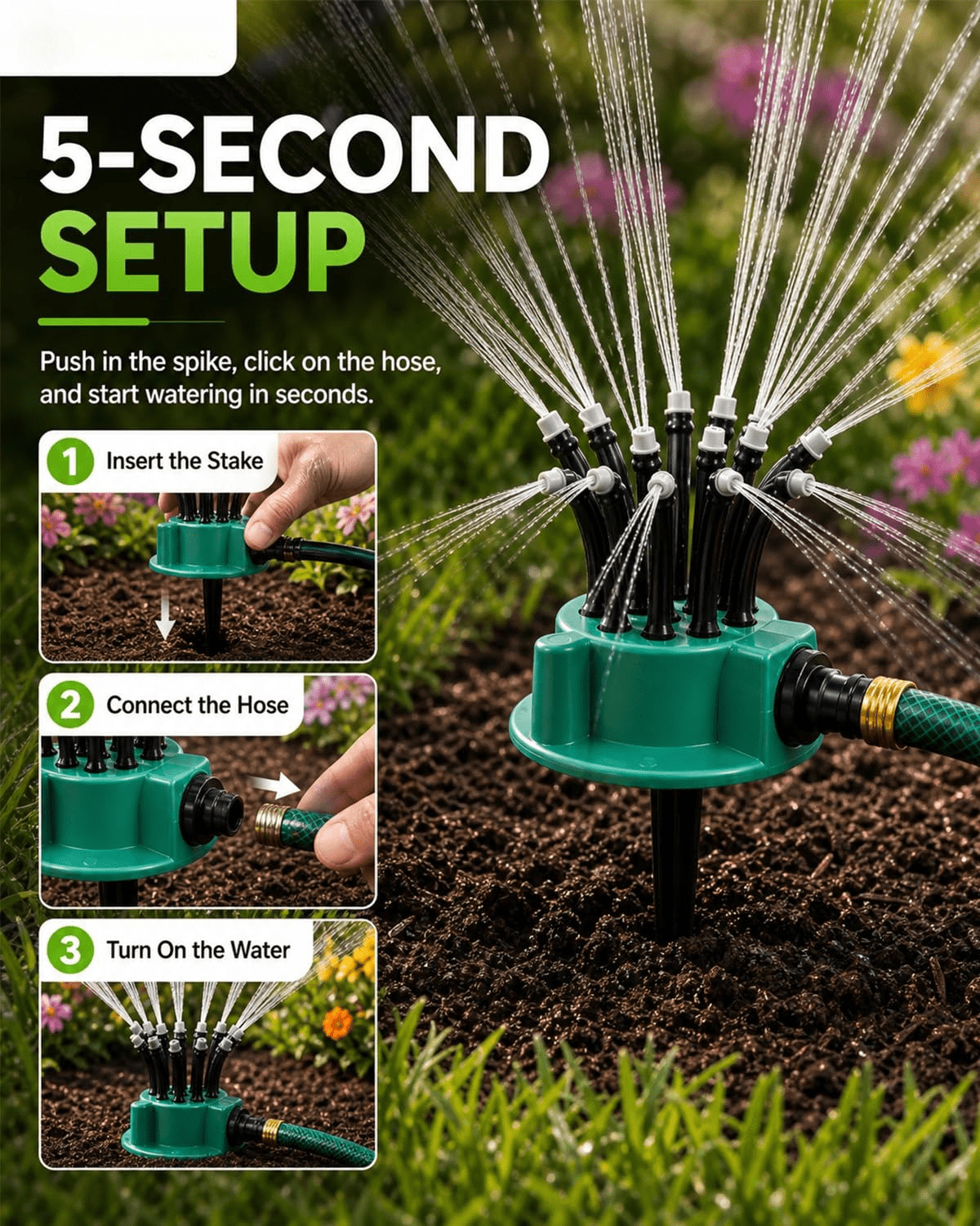 Multi-Directional Lawn Sprinkler Precision Garden Irrigation with Flexible Spray Nozzles Rotating Multi-arm Roof Cooling System Flower Shape Head Water Spray Head for Hose Yard Grass