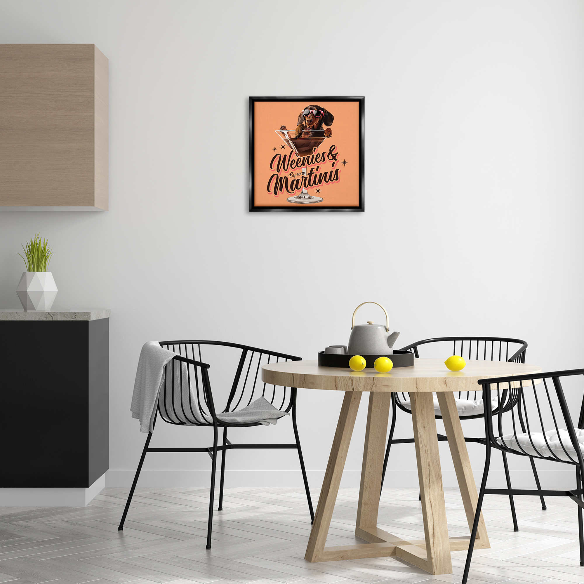 Stupell Industries Weenie's & Espresso Martinis Animals Painting Black Floater Framed Canvas Art Print Wall Art, 18 x 18