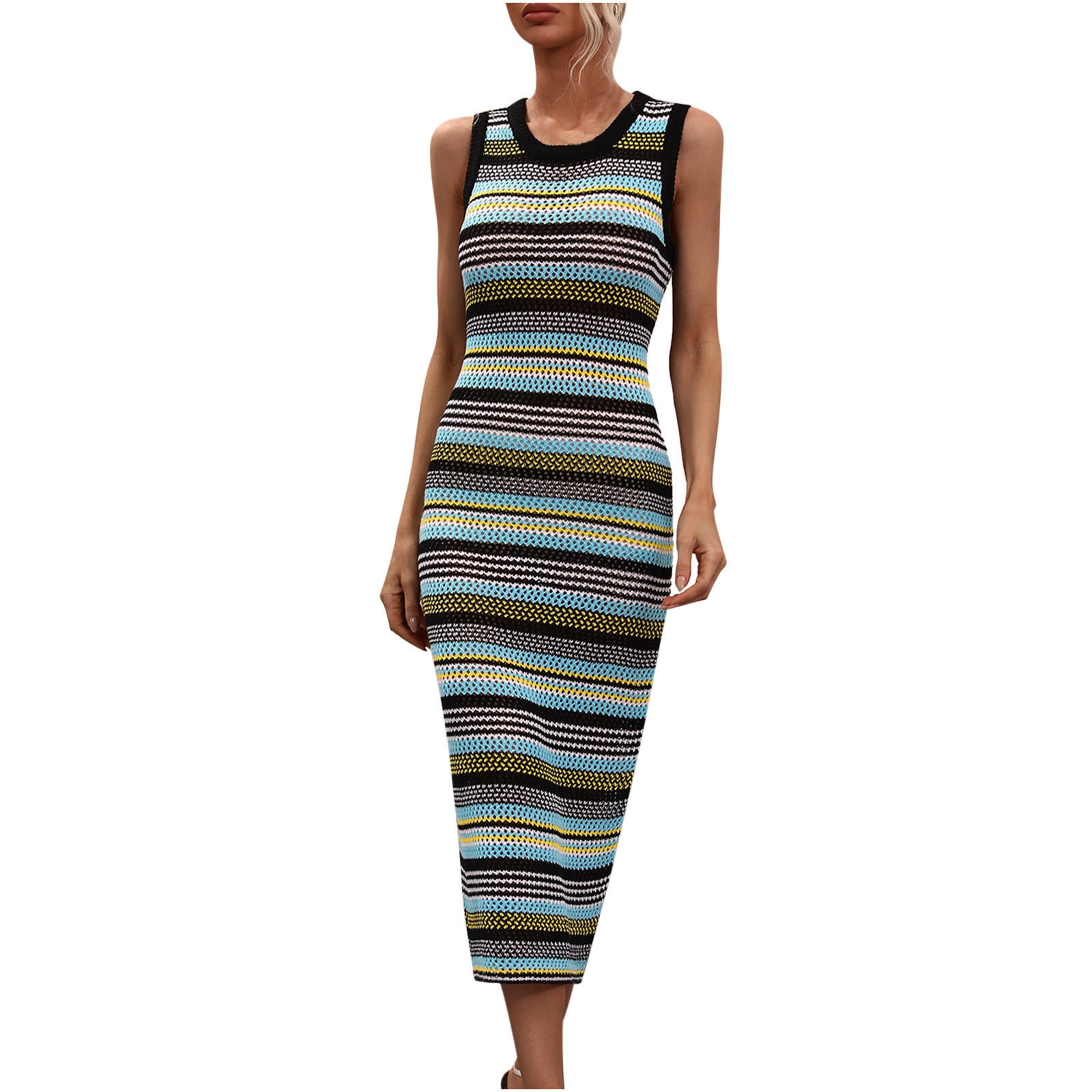 Crochet Dresses for Women Sexy Hollow Out Knitted Beach Bikini Cover Ups Sleeveless Crew Neck Trendy Stripe Printed Slim Fit Cover-Up Tank Midi Dress