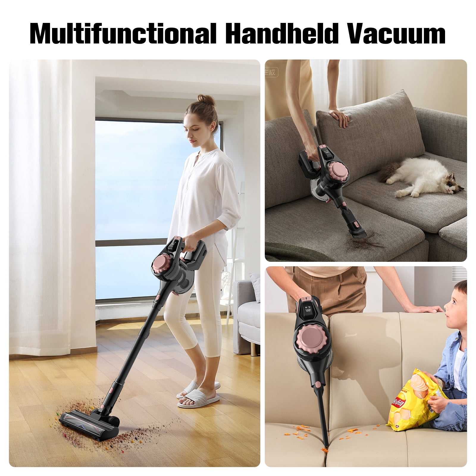 HOOFUN Cordless Vacuum Cleaner, 50mins Runtime, Powerful Stick Vacuum 6*2600mah Rechargeable Cordless Vacuum for Carpet, Tile, Pet Hair, Hardwood Floors, rose gold