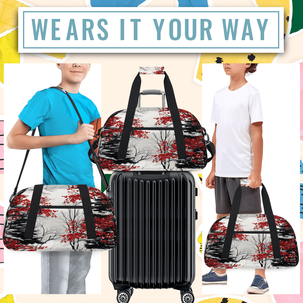 Herdesigns Japanese Style Sports Duffle Bag for Women & Men, Vintage Painting Gym Bag Dance Bag Overnight Bag Carry On Weekender Travel Bag