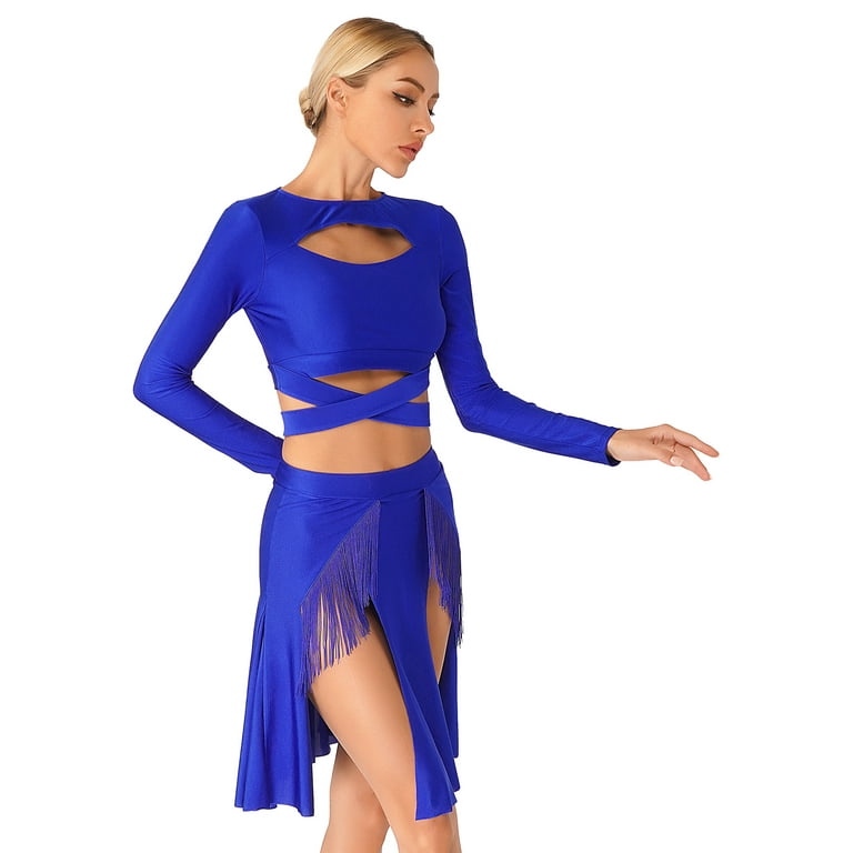 YEAHDOR Womens 2-Piece Long Sleeve Latin Dance Costume Crop Top with  Tassels Skirt Salsa Cha Cha Tango Dancewear Royal Blue XL 