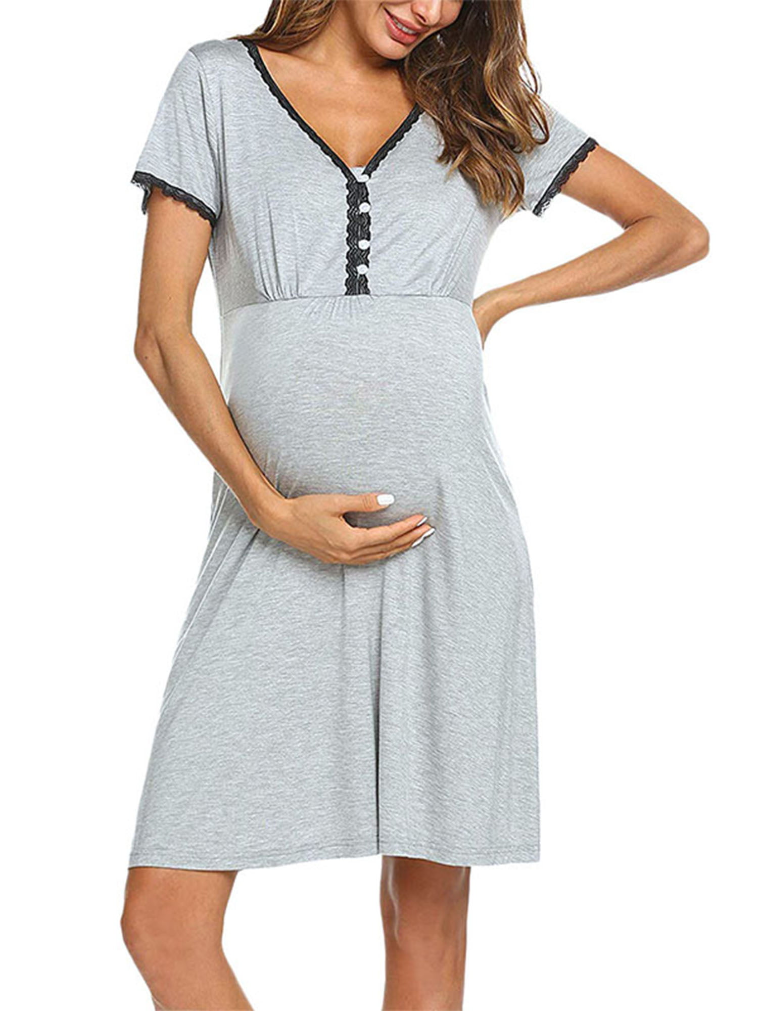 Women Maternity Dress Pregnancy Nightgown Nursing Sleepwear Solid Lace Robe Gown