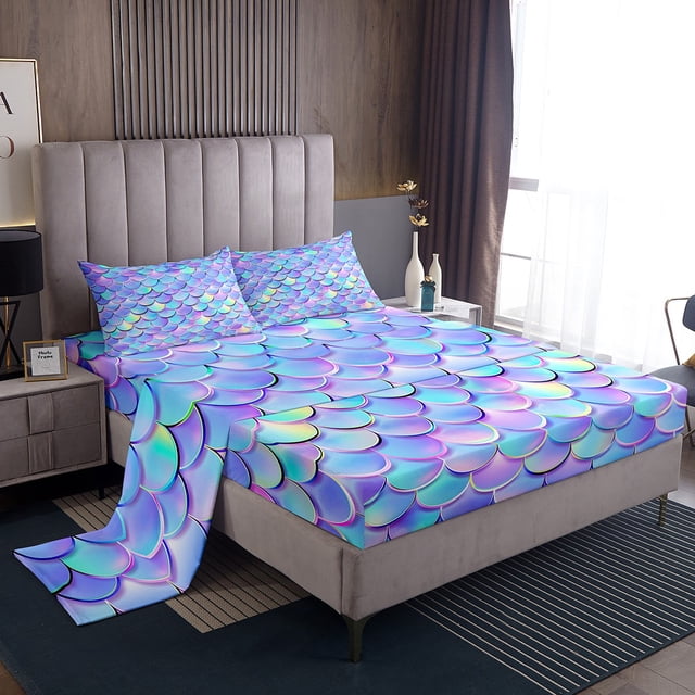 Erosebridal Mermaid Princess Bed Sheets Set Full Size, Scale Print Bed Sheets Full, Cartoon Decor 4 Pieces