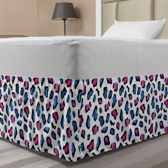 Camouflage Bed Skirt, Exotic Safari Animal Skin Pattern in Watercolors Leopard Jaguar, Elastic Bedskirt Dust Ruffle Wrap Around for Bedding Decor, 4 Sizes, Blue Pink and Black, by Ambesonne