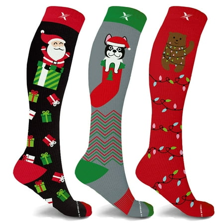 

Holiday Compression Socks - Knee High Performance Socks for Running Athletics Travel and Pregnancy - Improved Circulation & Support for Men and Women - 3 Pair