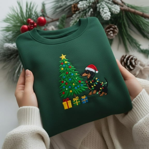 Embroidered Dachshund Christmas Tree Sweatshirt, Funny Holiday Dog Shirt, Cute Xmas Crewneck, Festive Dachshund Lover Sweater Gift