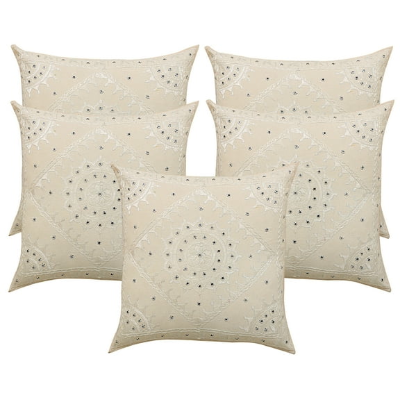 Stylo Culture Indian Chair Seat Throw Pillow Covers 24 x 24 Big Hand Embroidered Off White Bohemian 60 x 60 cm Home Decor Cotton Mirrored Square Cushion Covers | Set Of 5