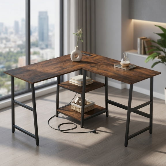 Kadyn L-Shaped Desk, Corner Computer Desk, Home Office Desk, L Shaped Corner Computer Desk with Storage Shelves-Brown