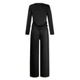 thumbnail image 5 of Women's 2 Piece Matching Lounge Set Long Sleeve Side Ruching Top Wide Leg Drawstring Pants Set with Pockets Black L, 5 of 6
