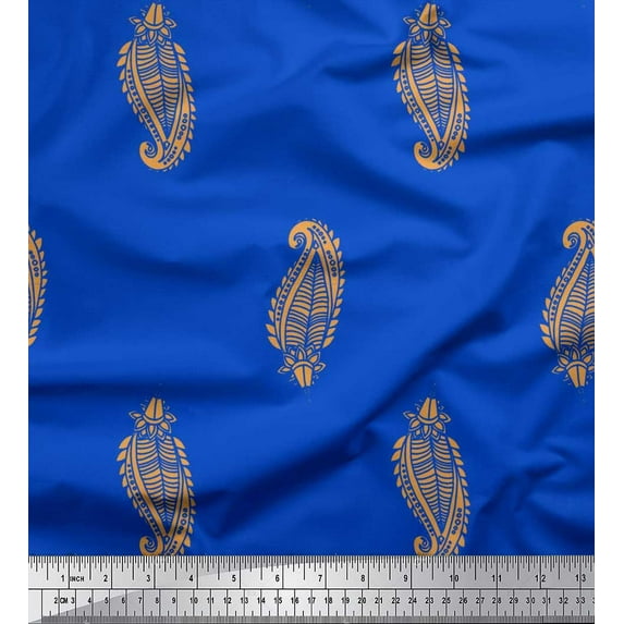 Soimoi Blue Cotton Duck Fabric Yellow Paisley Printed Fabric 1 Yard 56 Inch Wide