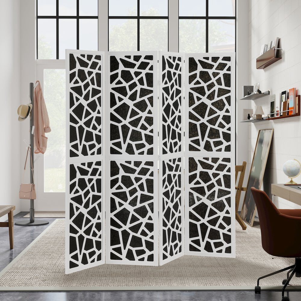 Roundhill Furniture 4-Panel Wood Room Divider, Folding Portable Partition Screen, Black and White