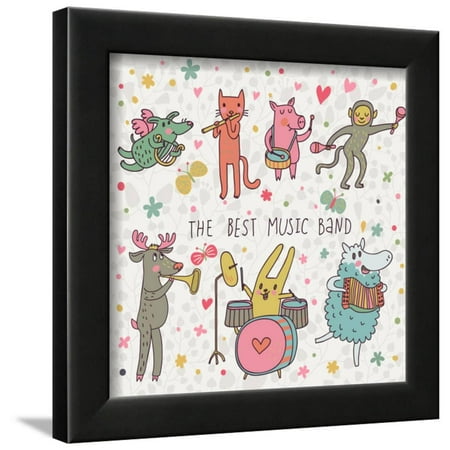 The Best Music Band. Cartoon Animals Playing on Various Musical Instruments - Drums, Accordion, Flu Framed Print Wall Art By