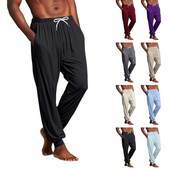Men's Solid Color Pajama Pants with Pockets & Drawstring - Cuffed Jogger Sleep Bottoms for Men, Elastic Waist Soft Lightweight Lounge Homewear Black L