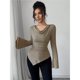 thumbnail image 4 of Camisetas de Punto Acanalado con Cuello Vuelto y Larga para Mujer, Tops Ajustados Fruncidos para Salir, Camisetas Básicas para Otoño Caqui M, 4 of 9
