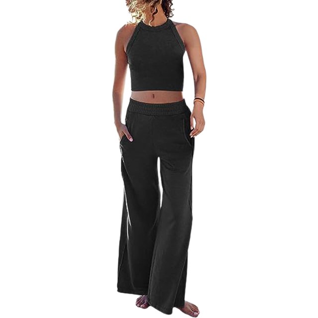 Chaleco Conjunto de pantalones de 2 piezas para mujer, traje informal de vacaciones con cuello redondo y corte entallado, expuesto al ombligo Ygjytge Negro T M para Mujer
