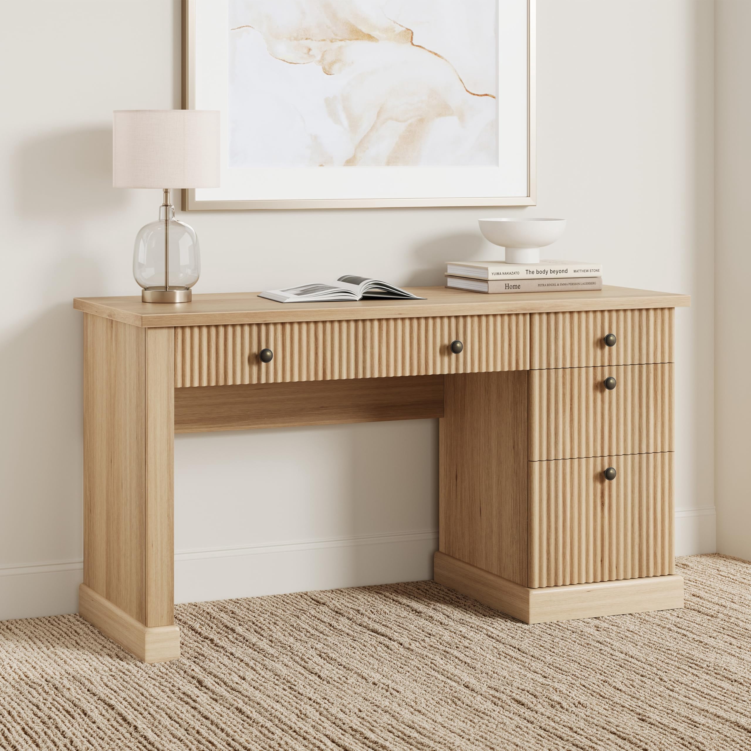 Accreate 54'' Fluted Home Office Desk with Storage, Modern Executive Desk with Charging Station, Wooden Computer Desk with Drawers for Storage File, Writing Desk for Study, Living Room, Bedroom
