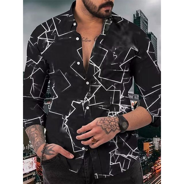 Camisas de manga larga de otoño para hombre con estampado de rayos Camisa de manga larga Tops casuales para hombre Ropa de calle de un solo pecho para hombre